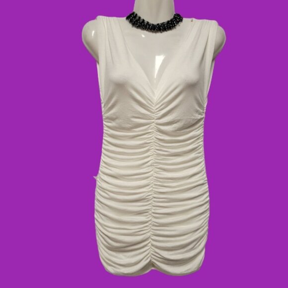 WHITE Ruched V Neck Low Back Mini Dress  Size M - NWOT - Picture 6 of 8